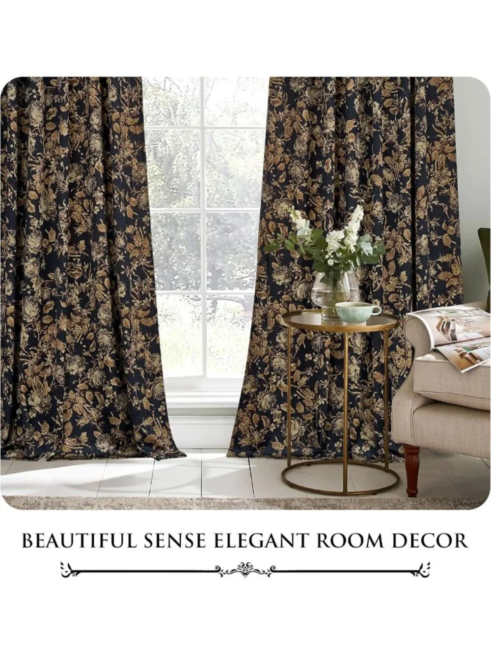 Soft Velvet Retro Gold Floral Curtains, 2 Panels, W52 x L84, Elegant Drapes